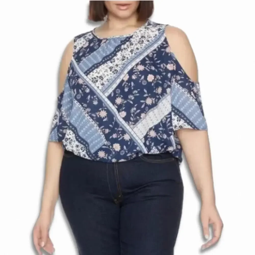 Cooper & Ella Cold Shoulder Blouse Flounce Sleeve Floral Design Blue Pink 3X NWT
